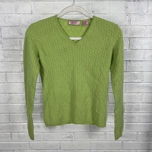 Glenshiel Cashmere V-neck Cable Knit Sweater Green Womens Size S Quiet Luxury